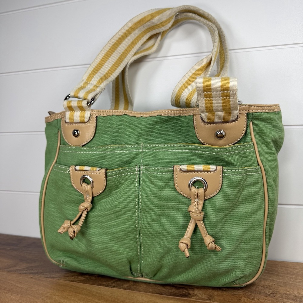 VTG Y2K St John's Bay Lime Green Canvas Purse Chunky Pocket Yellow Stripe Straps